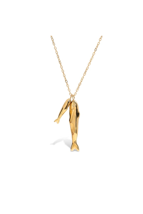18K Gold Plated Stainless Steel Double Fish Pendant Necklace - Fade-Resistant & Luxe Nautical Statement Jewelry