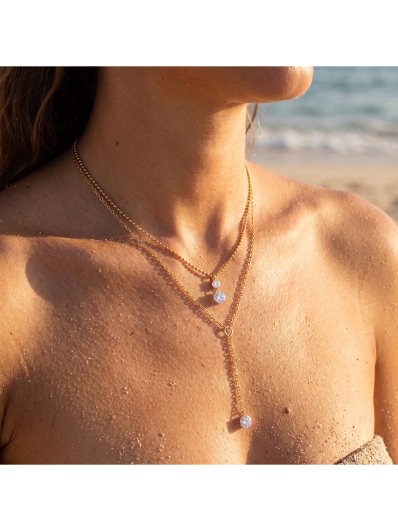 18K Gold Plated Stainless Steel Double Layer Lariat Necklace for Women, Minimalist Geometric Cubic Zirconia Stackable Clavicle Chain, Elegant High-End All-Match Jewelry