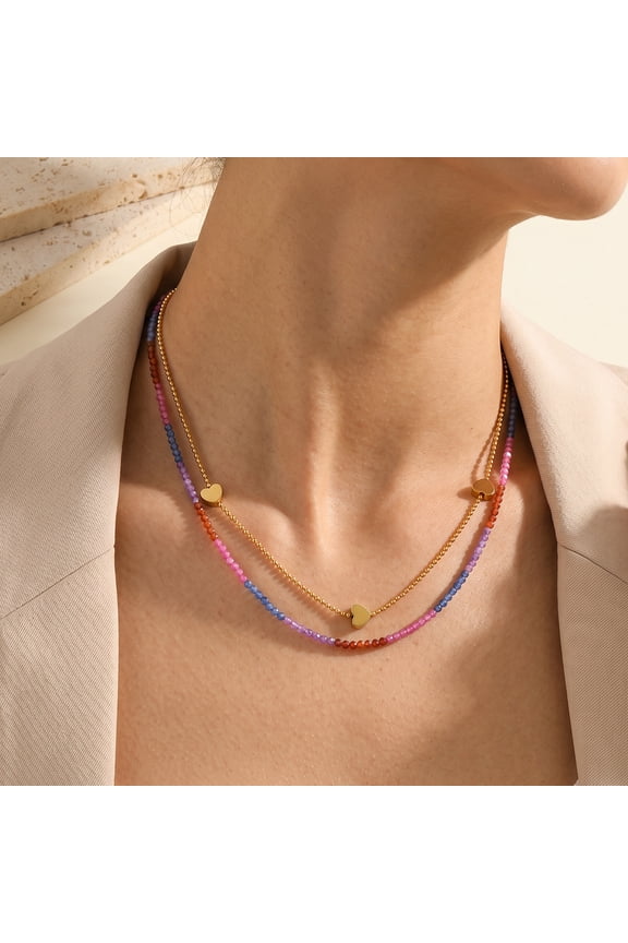 18K Gold Plated Stainless Steel Double Layer Necklace for Women, Rainbow Bead & Tiny Heart Pendant Clavicle Chain, Minimalist Luxury Stackable Jewelry