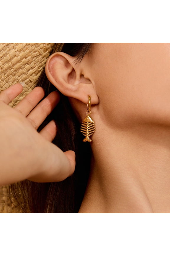 18K Gold Plated Stainless Steel Fish Bone Pendant Hoop Earrings - Nautical & Chic Statement Jewelry
