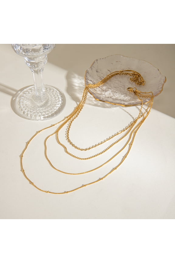 18K Gold Plated Stainless Steel Multi-Layer Stackable Design Choker Necklace, Titanium Steel Lock Chain