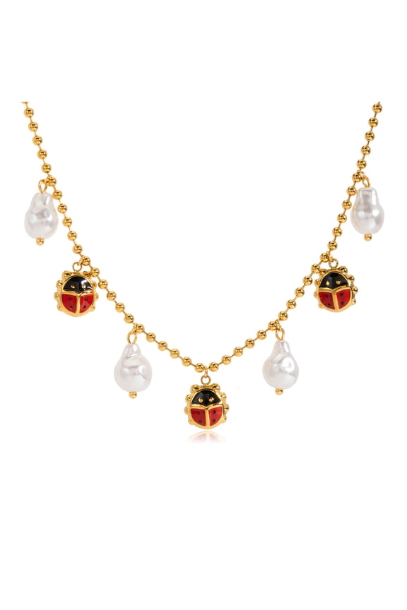 18K Gold-Plated Stainless Steel Necklace with Enamel Ladybug & Pearl Charms - Cute & Trendy Fashion Jewelry for Women