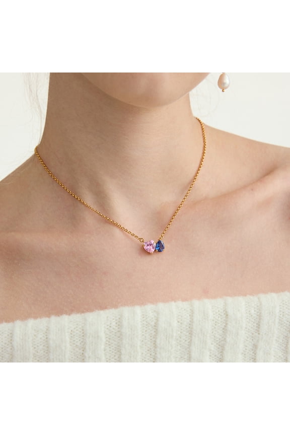 18K Gold-Plated Stainless Steel Necklace with Pink Heart & Blue Teardrop Zircon Charms - Delicate & Romantic Fashion Jewelry for Women