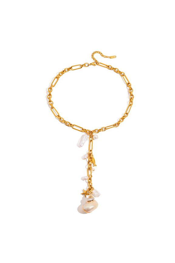 18K Gold-Plated Stainless Steel Pearl & Shell Y-Style Necklace - French Minimalist Layered Collarbone Jewelry for Women