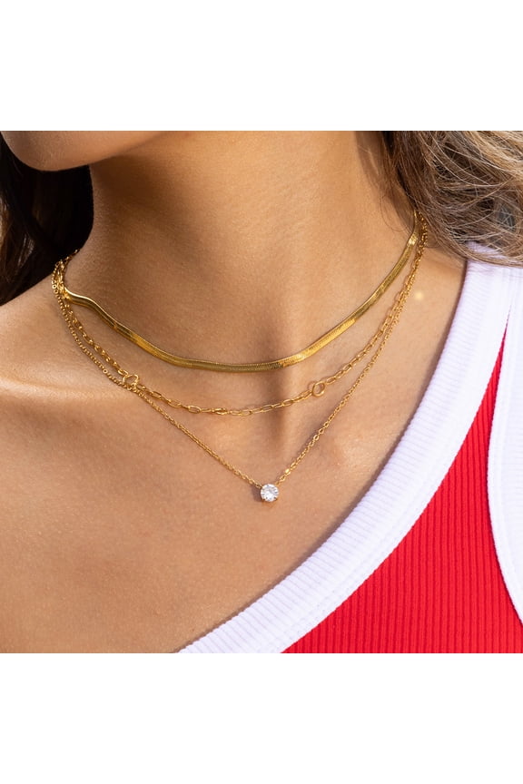 18K Gold-Plated Stainless Steel Three-Layer Necklace with Cubic Zirconia - Snake Chain, Blade Chain & Rolo Chain