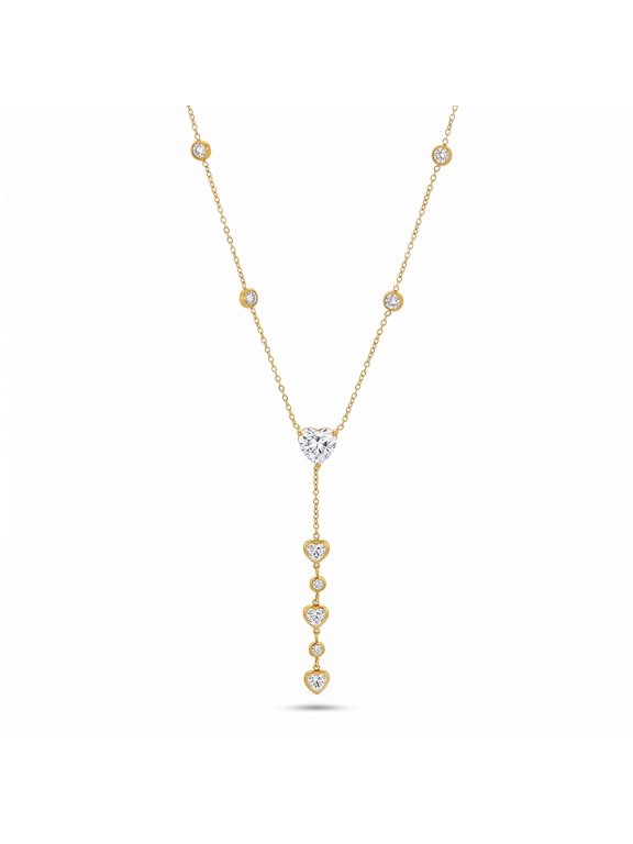 18K Gold Plated Stainless Steel Y Lariat Heart Round Cubic Zirconia Necklace, Super Sparkly Light Luxury Niche High-End Versatile Jewelry for Women