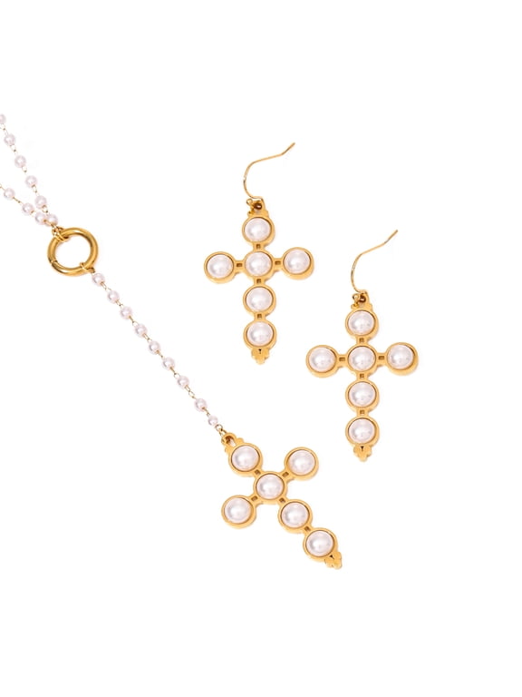18K Gold-Plated Vintage-Inspired Cross Necklace and Imitation Pearl Stud Earrings Y-Shape Necklace Set