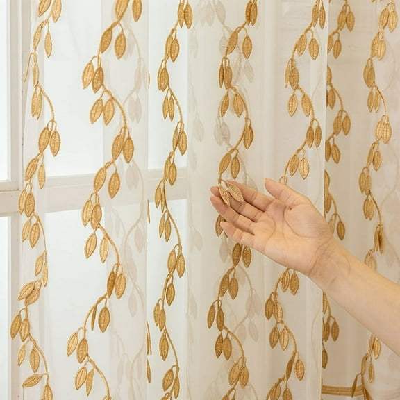 Sunyuer 2 Panels Embroidered Leaf Pattern Semi Sheer Curtains Foliage Floral Voile Window Draperies Treatment for Bedroom Living Room