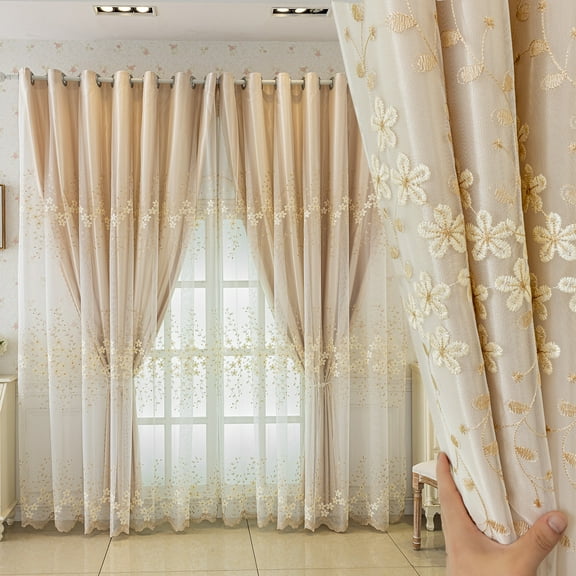 Sunyuer 2 Panels Luxury Embroidery Double Layer Blackout Curtains for Living Room Bedroom European Floral Darkening Curtains Beige 2 Layers Curtains with Lace Valance Grommet