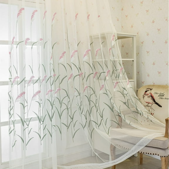 Sunyuer 2 Panels Simple Style Wheat Ears Embroidered Sheer Curtains Home Decoratrion Grommet Top Gauze Luxury Fabric for Living Room Bedroom Kitchen