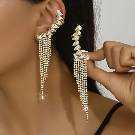 Sunyuer 2PCS Tassel Zircon Earrings and Ear Cuffs - No Piercing Flower Climber Wrap Around Earrings - Fairy Ear Clip Jewelry Gifts