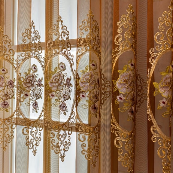 Sunyuer 2pcs Golden Embroidery Hollow Transparent Curtains, Garden Flower Pattern Reference Living Room Bedroom Balcony Dining Room Study Villa Hall Home Decoration, Sheer Curtains For Living Room