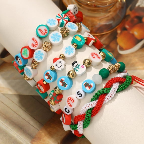 Sunyuer 6pcs Christmas Bracelets for Women Clay Beaded Cute Xmas Tree Snowman Santa Charm Bracelet Set Holiday Christmas Jewelry Gifts Stocking Stuffers