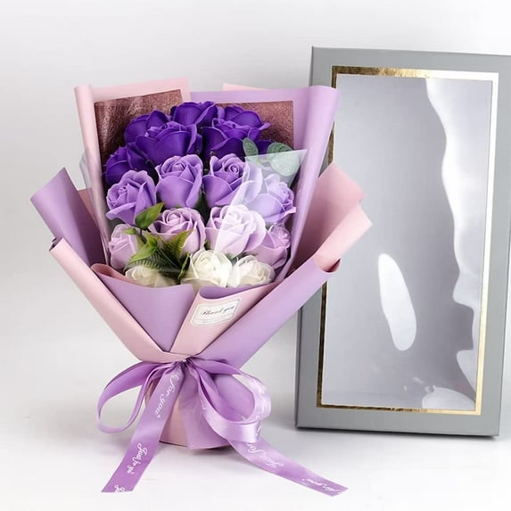 Sunyuer Artificial Flower Bouquet Soap Rose Flower Bouquet, Scented Soap Roses with Gift Box for Birthdays Valentines Day Mothers Day Wedding--Purple