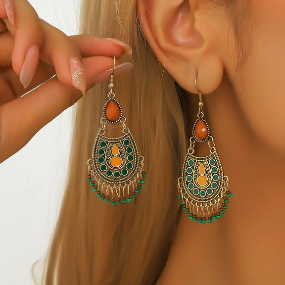 Sunyuer Bohemian Vintage Turquoise Oval Ethnic Drop Earrings for Women Dangle Metal Earrings Boho Retro Western Earrings Tassels Delicate Jewelry Gift