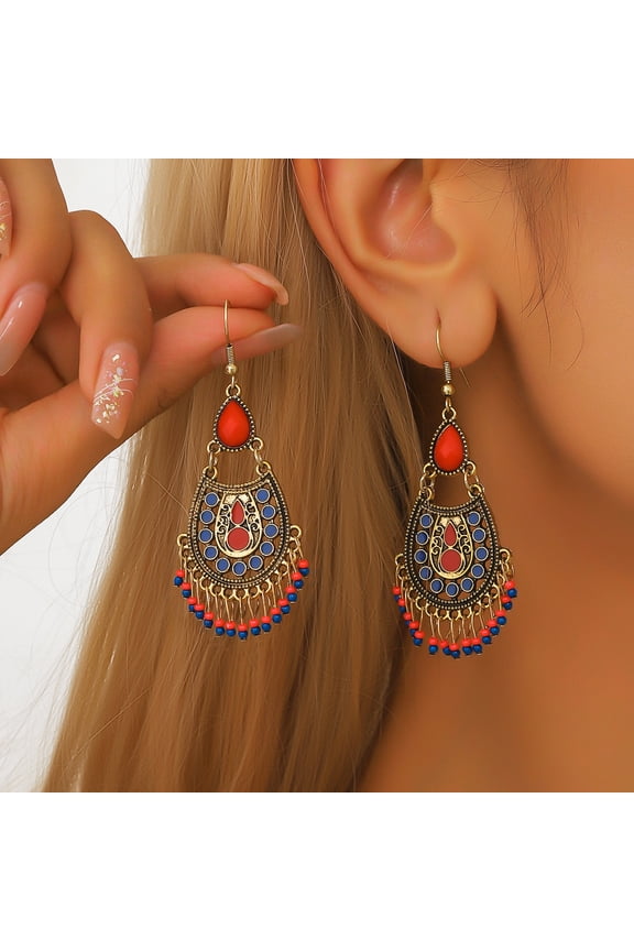 Bohemian Vintage Turquoise Oval Ethnic Drop Earrings for Women Dangle Metal Earrings Boho Retro Western Earrings Tassels Delicate Jewelry Gift