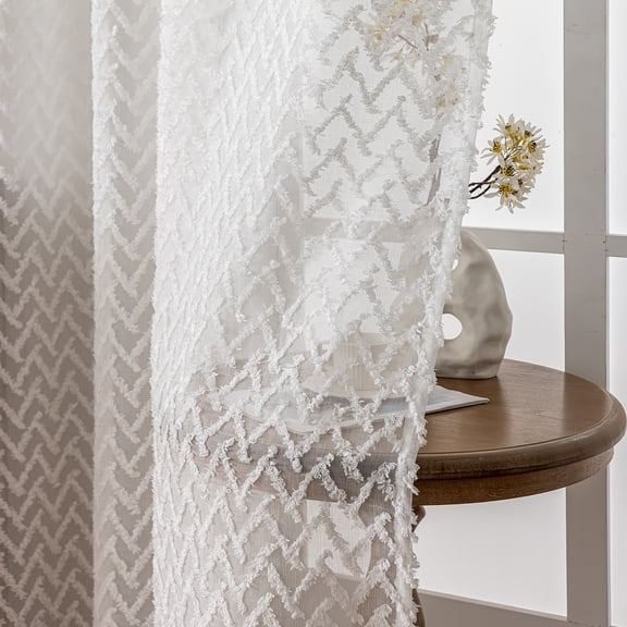 Sunyuer Boho Sheer Curtains White 2 Panels Semi Sheer Textured Embroidered Floral Window Curtain Shabby Chic Voile Victorian