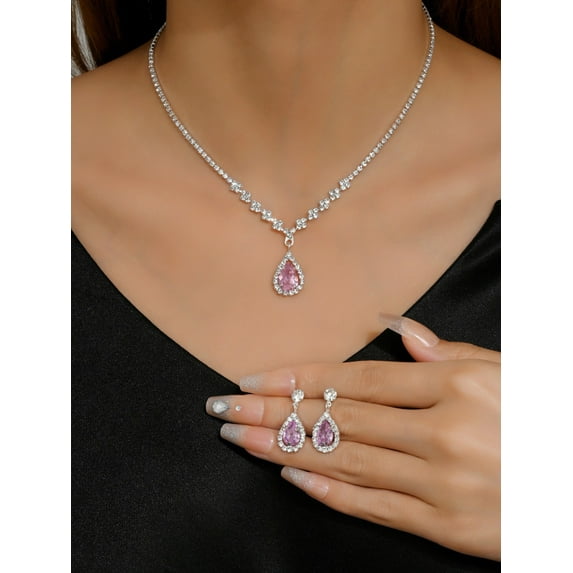 Sunyuer Bride Jewelry Set Silver Crystal Wedding Necklace Earrings Bridal Rhinestone Teardrop Pendant Accessories for Women and Bridesmaids