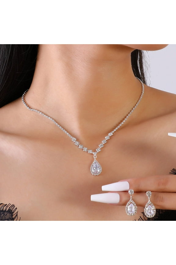 Bride Jewelry Set Silver Crystal Wedding Necklace Earrings Bridal Rhinestone Teardrop Pendant Accessories for Women and Bridesmaids