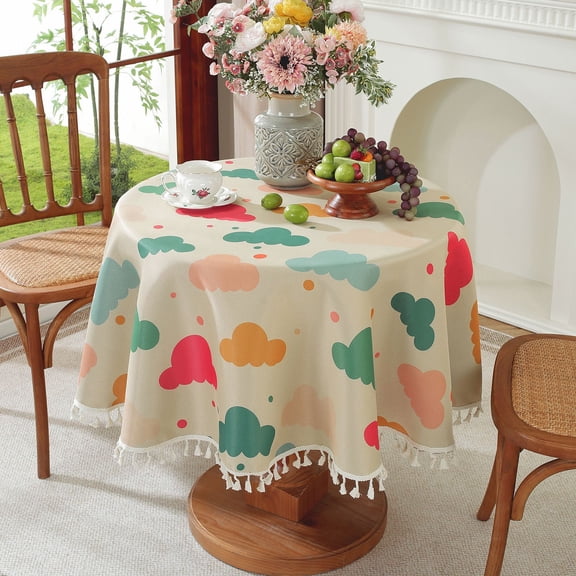 Sunyuer Colorful Clouds Tablecloth with Stitching Tassels Washable Fabric Table Cover for Dining Kitchen Tea Party