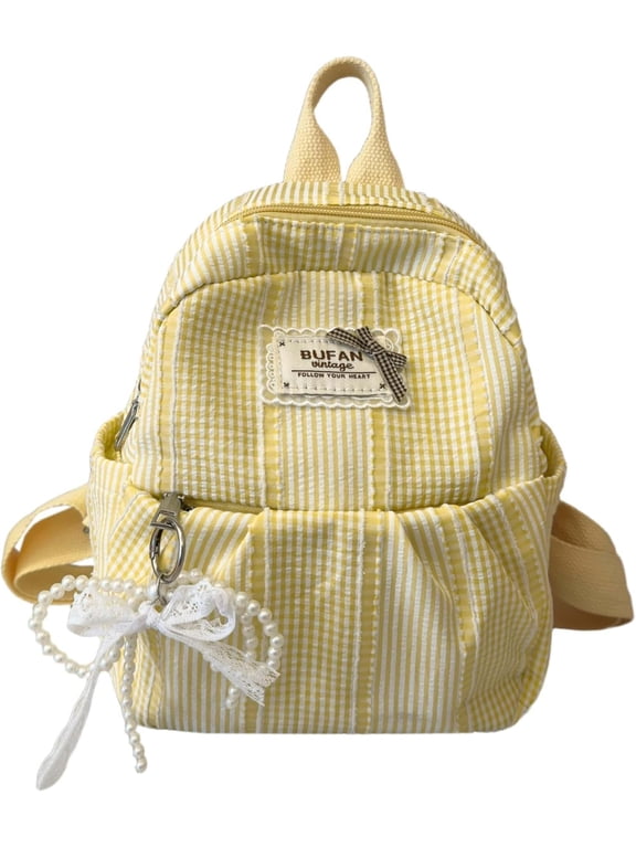 Cute Plaid Stripe Mini Backpack for Women, Lightweight Casual Small Daypack with Pearl Lace Bow Charm, Aesthetic Preppy Travel Backpack Purse for Daily Commute