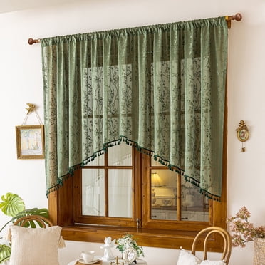Sunyuer Dark Green Sheer Valance Curtain for Windows, Rustic Floral Muted Green Window Lace Curtain, Rod Pocket Light Filtering Valance, 1 Panel