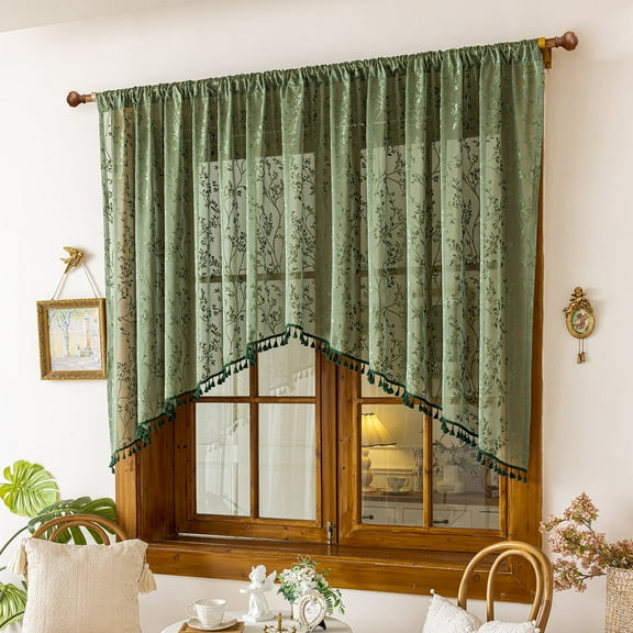 Sunyuer Dark Green Sheer Valance Curtain for Windows, Rustic Floral Muted Green Window Lace Curtain, Rod Pocket Light Filtering Valance, 1 Panel