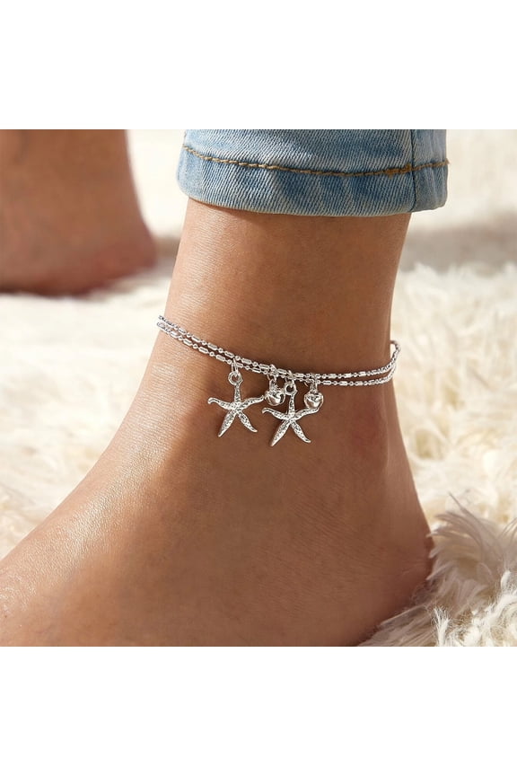 Double Foot Chain Layer Ankle Bracelets for Women, Starfish Chain Double Layer Anklet Beach Jewelry Anklet