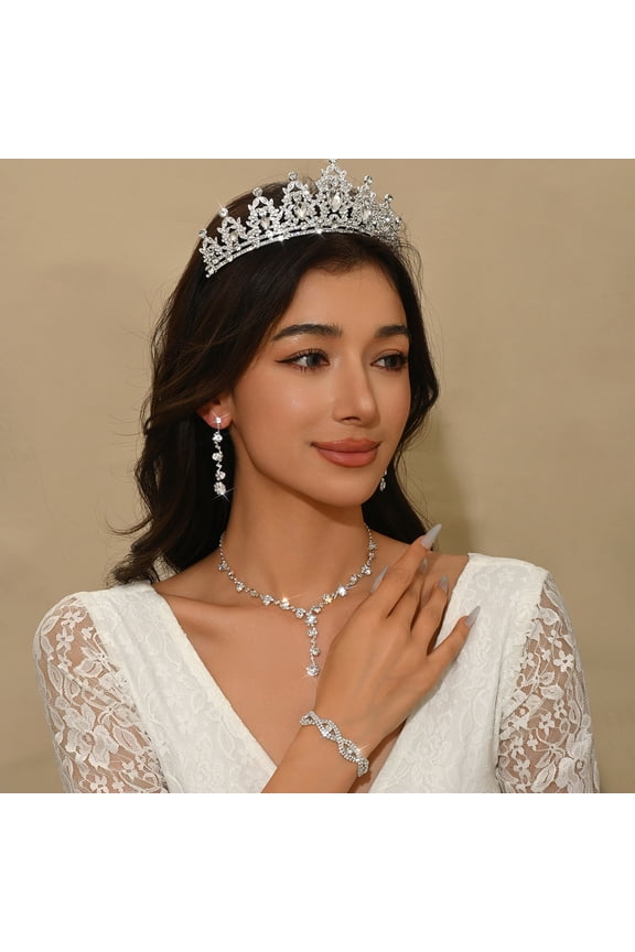 Elegant Bridal Jewelry Set Wedding Crown with Clear Crystals, Necklace, Earrings, Bracelet For Brides, Prom