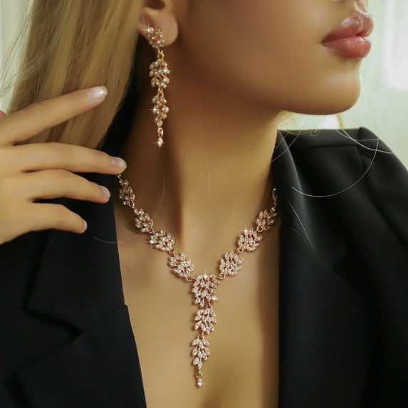 Sunyuer Elegant Bridal Necklace Earrings Wheat Shape Wedding Prom Dress Accessories Rhinestones Jewelry Sets for Bride Bridesmaid