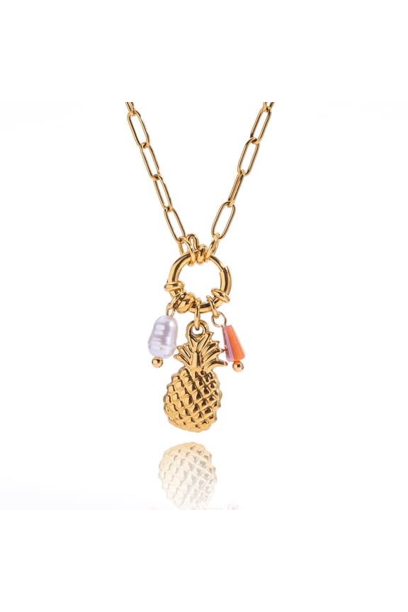 Enamel Berry Cherry/ Pineapple Pendant Stainless Steel Necklace - Gold-Tone Chain with Vibrant Fruit Charm, Elegant Summer Jewelry for Women