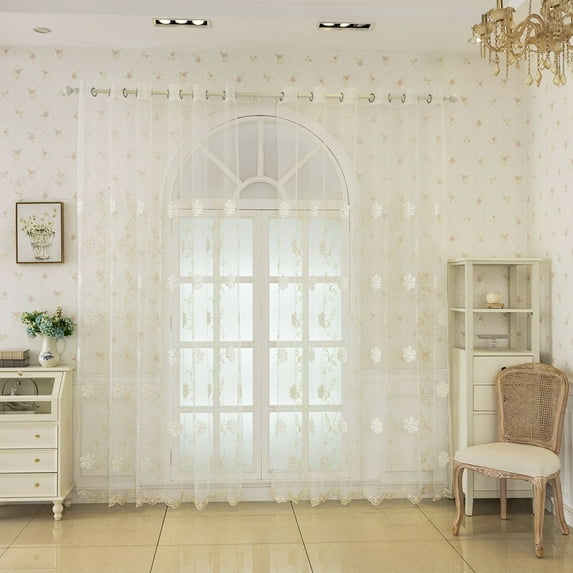 Sunyuer European Luxury Sheer Curtains for Bedroom Floral Embroidered Semi Sheer Voile Curtain Panels Window Drapery Curtain Tulle for Patio Door 2 Panel