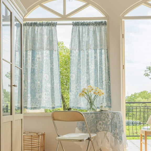 Sunyuer Floral Linen Curtains for Living Room Blue Floral Printed Curtain Light Filtering French Country Farmhouse Curtain Drapes Bedroom Back Tab Rod Pocket 2 Panels