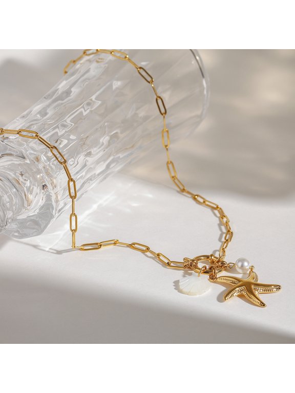 Gold Beach Charm Necklace for Women Shell Starfish Conch Dolphin Seahorse Pendant Necklace for Summer Jewelry