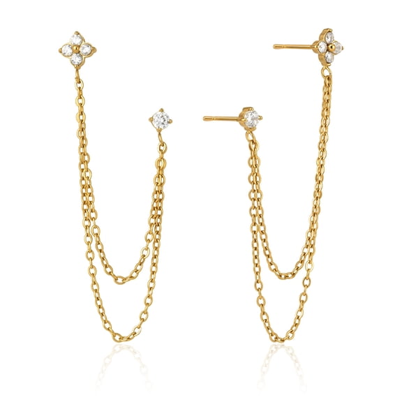 Sunyuer Gold Chain Stud Earrings for Women, Double Piercing Earrings, 18K Gold Plated Dangle Earring, Cubic Zirconia Trendy Long Chain Stud Earring for Women