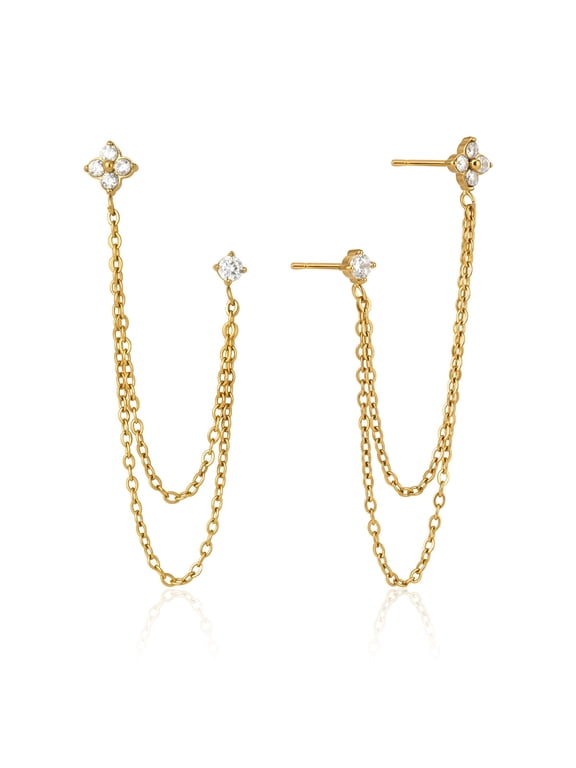 Gold Chain Stud Earrings for Women, Double Piercing Earrings, 18K Gold Plated Dangle Earring, Cubic Zirconia Trendy Long Chain Stud Earring for Women