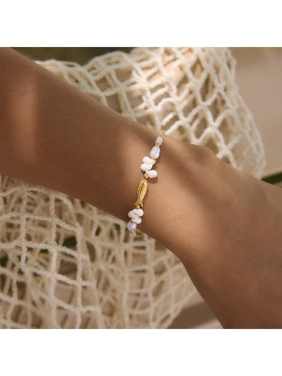 Gold Charm Bracelet for Women Boho Adjustable Shell Fish Imitation Pearl Conch Bracelet Summer Beach Ocean Statement Bracelets