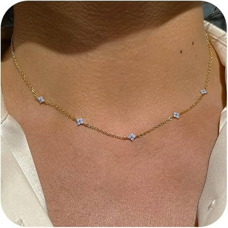 Sunyuer Gold/Silver Necklace for Women, Dainty Chain Necklace 14K Gold Plated Station Choker Necklace Non Tarnish Small Cute Clover Flower CZ Diamond Necklaces Jewelry for Women Gifts