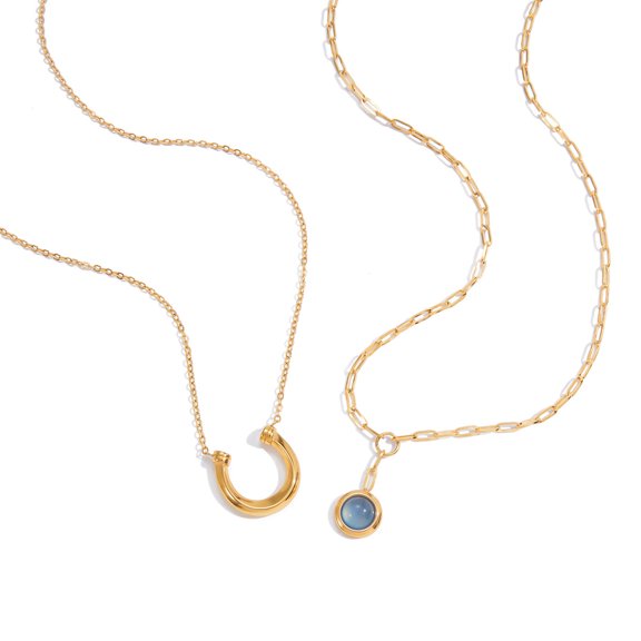 Sunyuer Golden 18K Gold-Plated Stainless Steel Double-Layer Equestrian Horsehoe Necklace with Blue Zirconia Pendant - Elegant & Sophisticated for Women