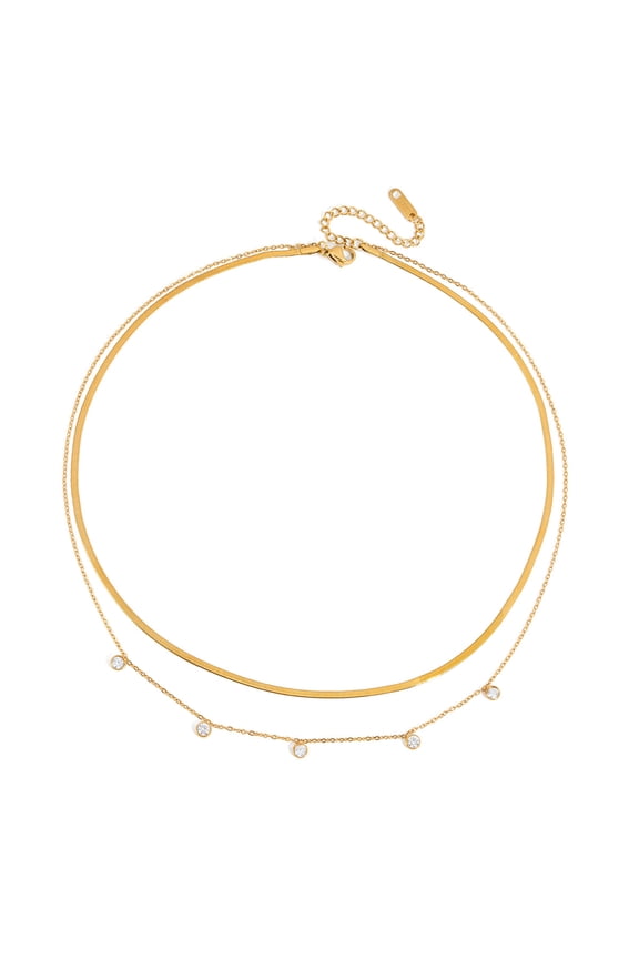 Golden 18K Gold-Plated Stainless Steel Double-Layer Zirconia Necklace - Blade & Snake Chain, Elegant & Trendy for Women