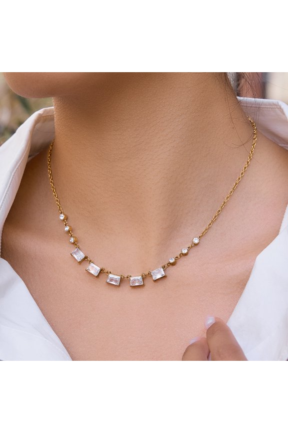 Golden 18K Gold Plated Stainless Steel White Square Cubic Zirconia Necklace - Timeless & Elegant