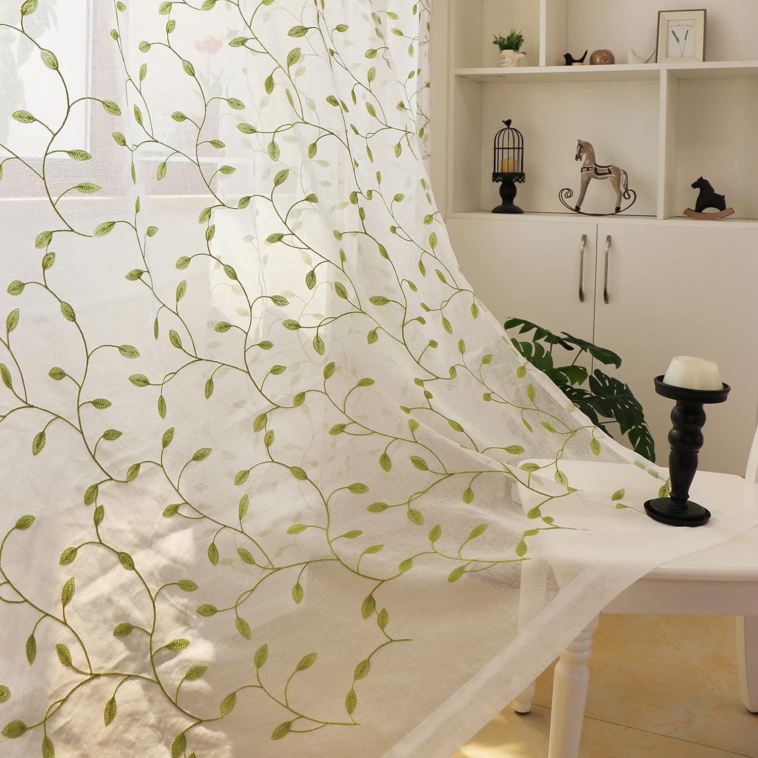 Sunyuer Green Leaves Short Sheer Curtains Green Leaf Embroidery Bedroom Curtain Rod Pocket Voile Faux Linen Embroidered Leaves Curtains for Living Room, 52W X 84L inch, Set of 2 Panels, Green