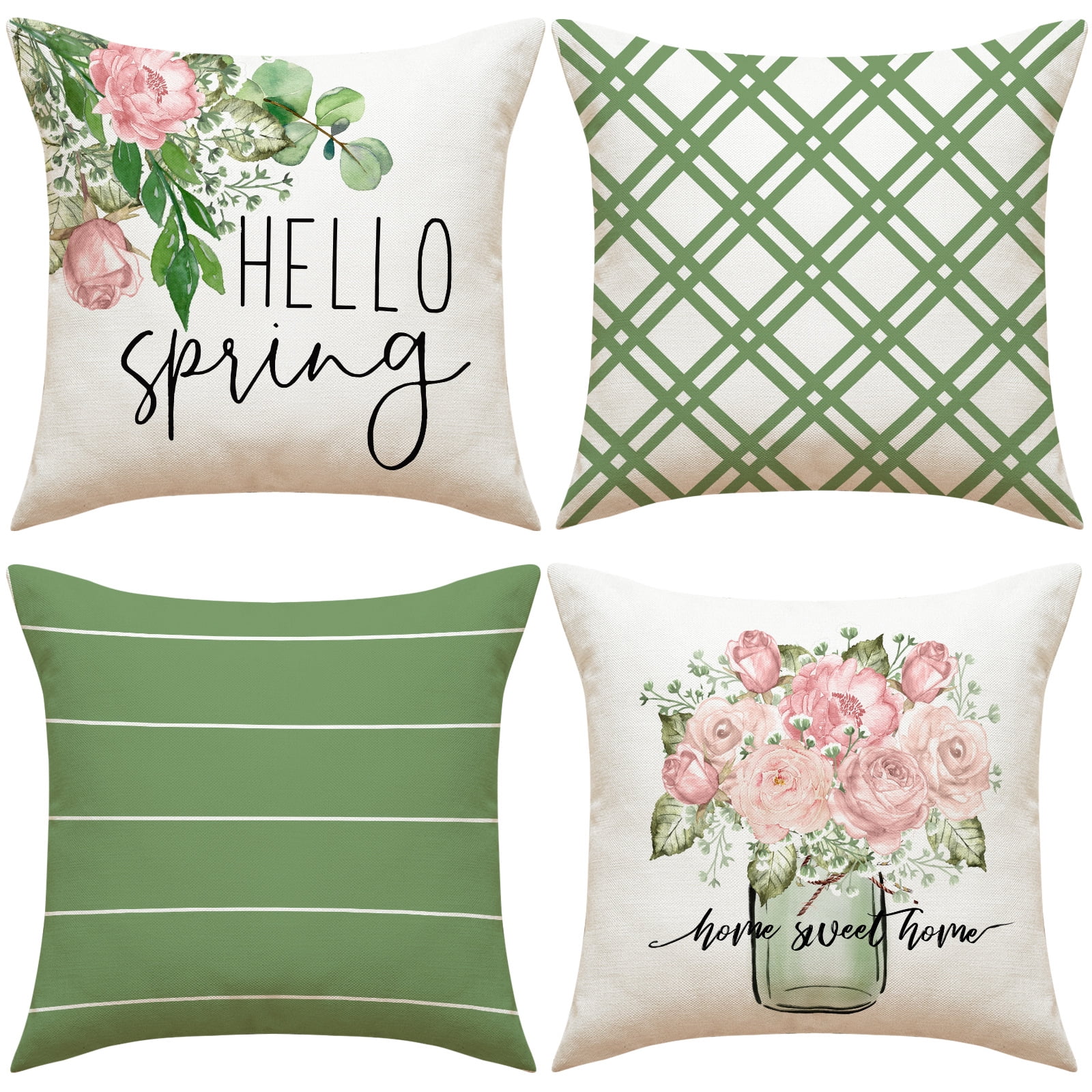 Spring Green Leaves and Floral Linen Throw Pillow Covers Set of 4