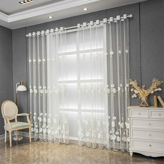 Sunyuer Kapok Tree Embroidery Sheer Curtains, Grommet Sheer Drapes for Living room, Bedroom, 2 Panels