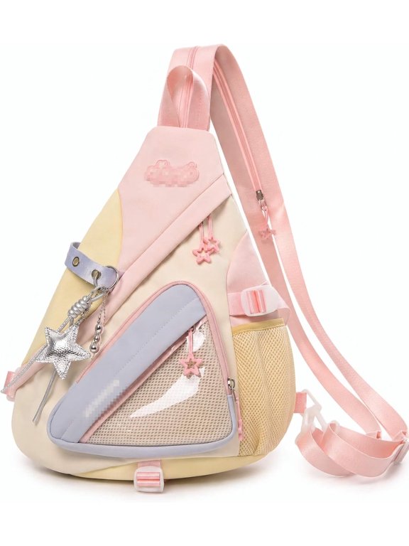 Kawaii Star Convertible Ita Sling Backpack, Clear Window Crossbody Chest Bag, Multiway Single Shoulder Daypack, Cute Casual Commute Bag for Travel