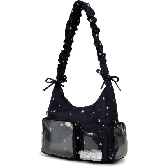 Sunyuer Kawaii Star Print Ita Shoulder Bag for Women, Cute Ruffle Strap Hobo Crossbody Purse with Clear Window, Multi Pocket Casual Nylon Handbag, Daily Messenger Bag