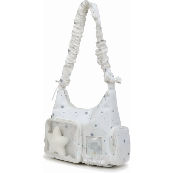 Sunyuer Kawaii Star Print Ita Shoulder Bag for Women, Cute Ruffle Strap Hobo Crossbody Purse with Clear Window, Multi Pocket Casual Nylon Handbag, Daily Messenger Bag