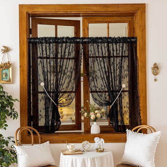 Sunyuer Lace Curtains - French Country Sheer Floral Curtains for Small Window Victorian Privacy Rod Pocket Lace Decor Short 2 Panels