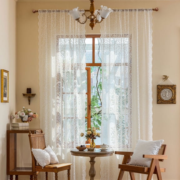 Sunyuer Lace Sheer Curtains – Vintage Floral Lace for Living Room/Bedroom, Light Filtering Rod Pocket Drapes, Privacy Chic Window Treatments Scalloped Edge, 2 Panels