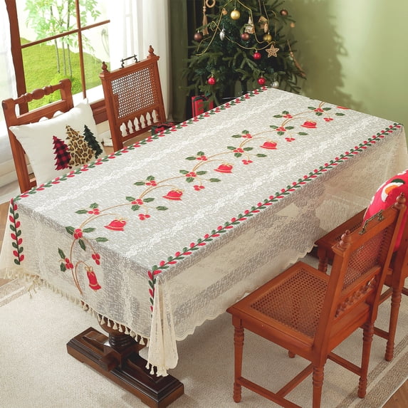 Sunyuer Lace Tablecloth with Christmas Embroidered Design, Vintage Rustic Embroidered Table Cover for Christmas, Parties, Home Decor, and Outdoor Event